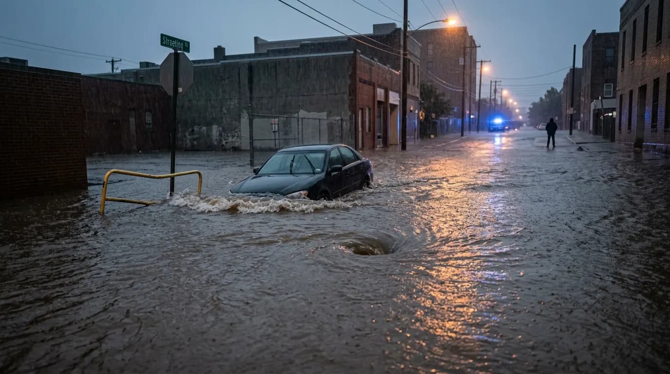 Rua alagada durante uma inundação, com um carro parcialmente submerso