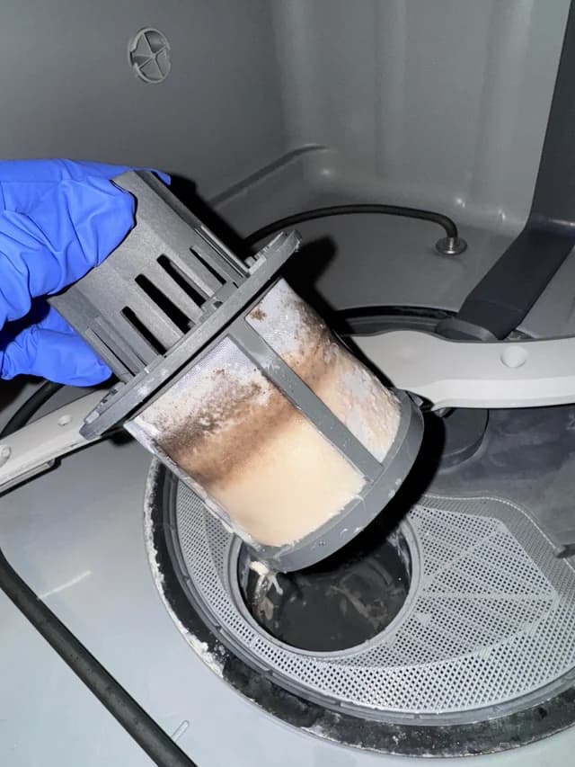 Limpeza do filtro da máquina de lavar loiça com escova e água quente