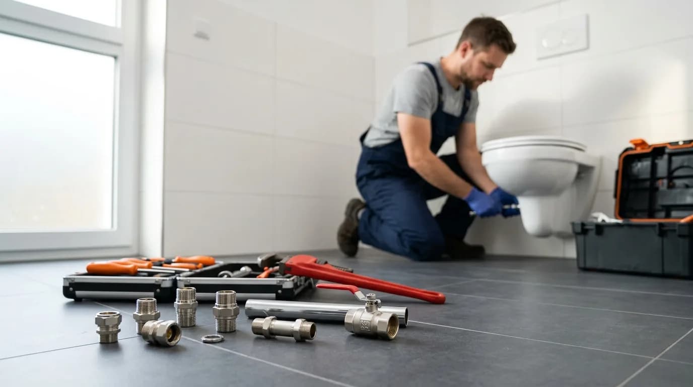 Canalizador a instalar e reparar uma sanita numa casa de banho